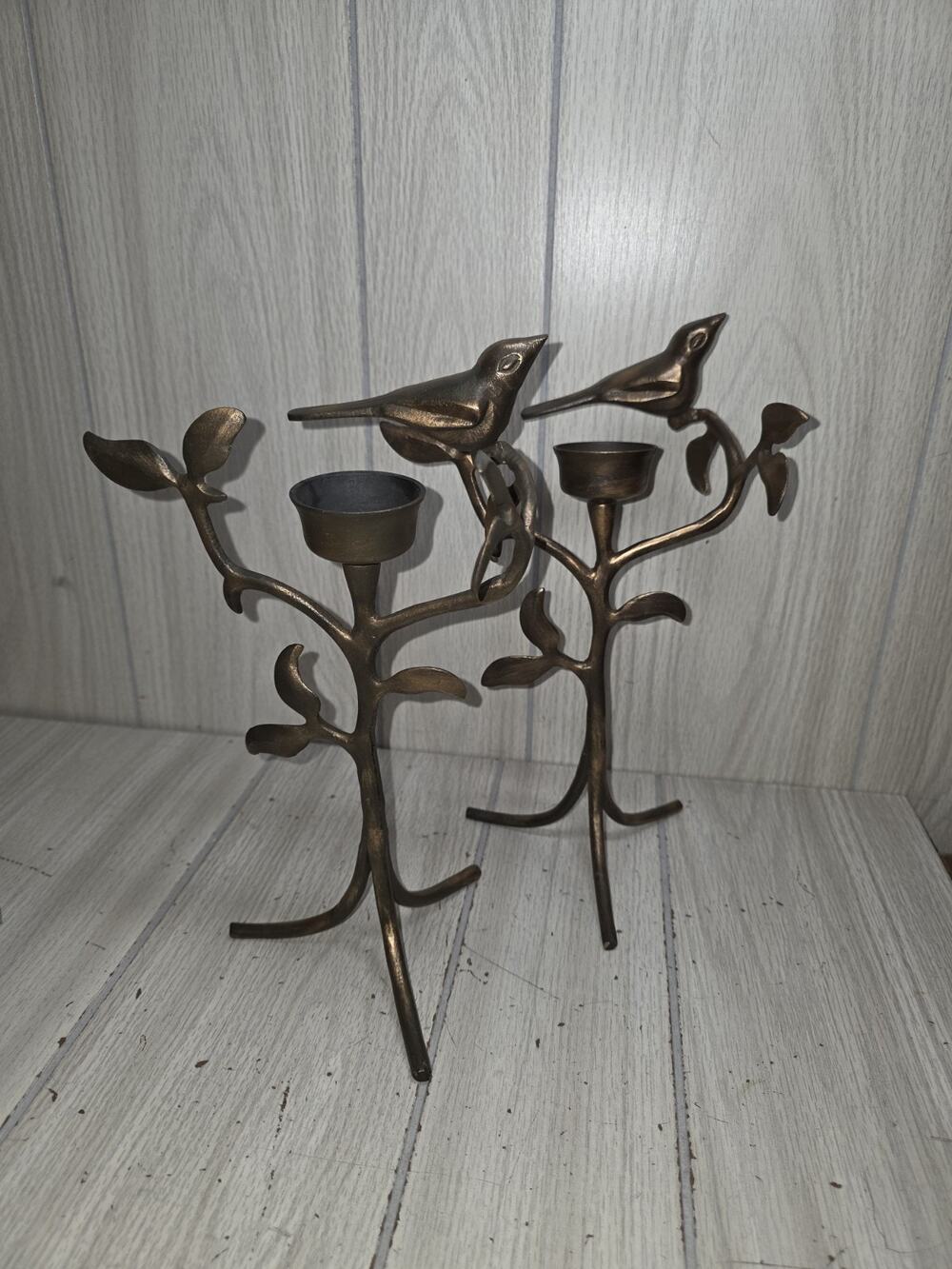 Vtg Brass Metal Birds On Branch Candle Holders 11" Set Of 2 Art Nouveau Heritage